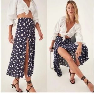 Reformation Navy and White Midi Skirt